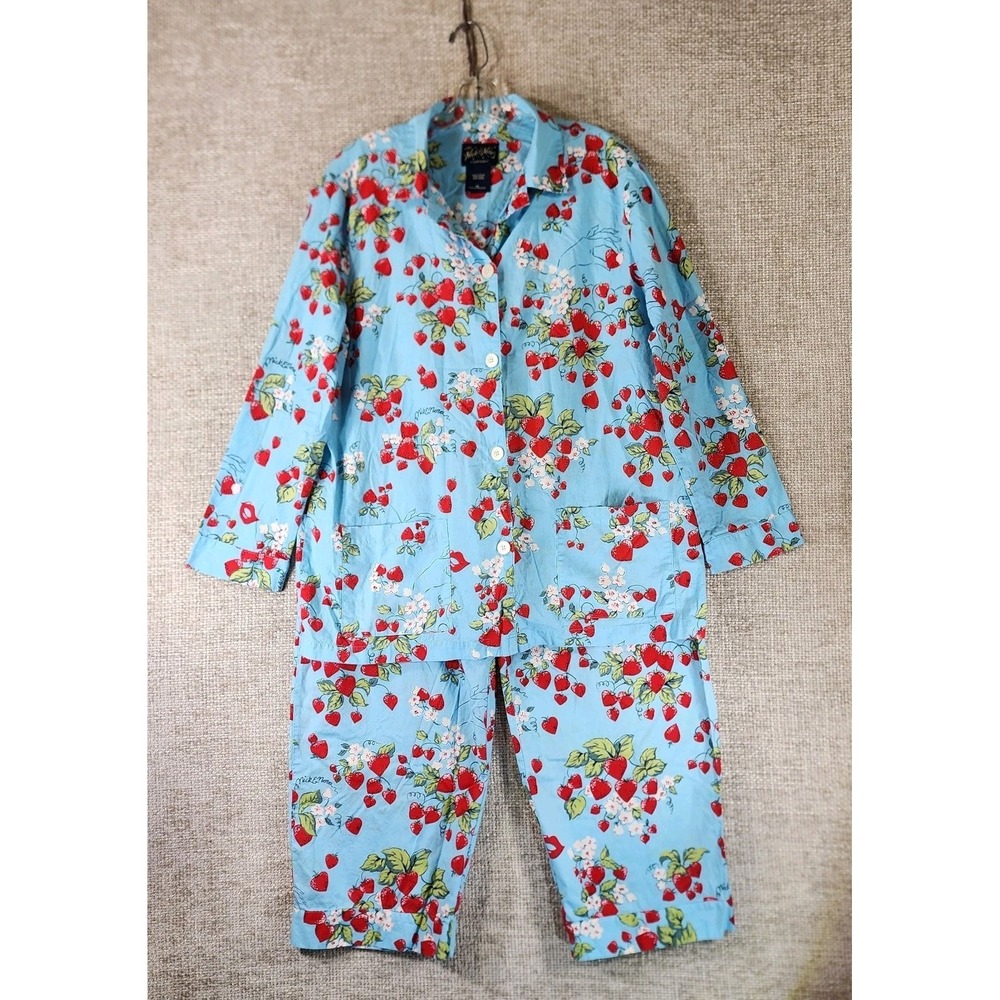 Nick & Nora Strawberry Kiss 100% Cotton Pajama Set Womens XL Blue Red Comfy
